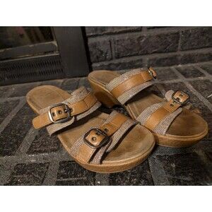 Dansko Women’s US 6.5 37 Leather Wedge Sandals Tan Metallic Snake Print Two...